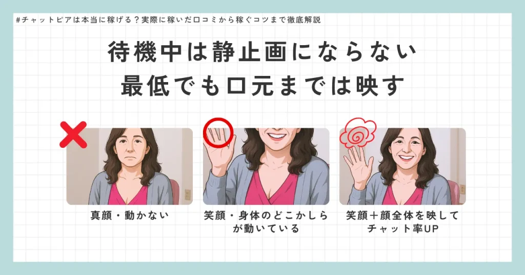 待機中は静止画にならない・最低でも口元までは映す