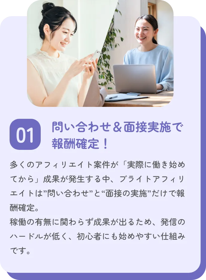 問い合わせ＆面接実施で報酬確定!
