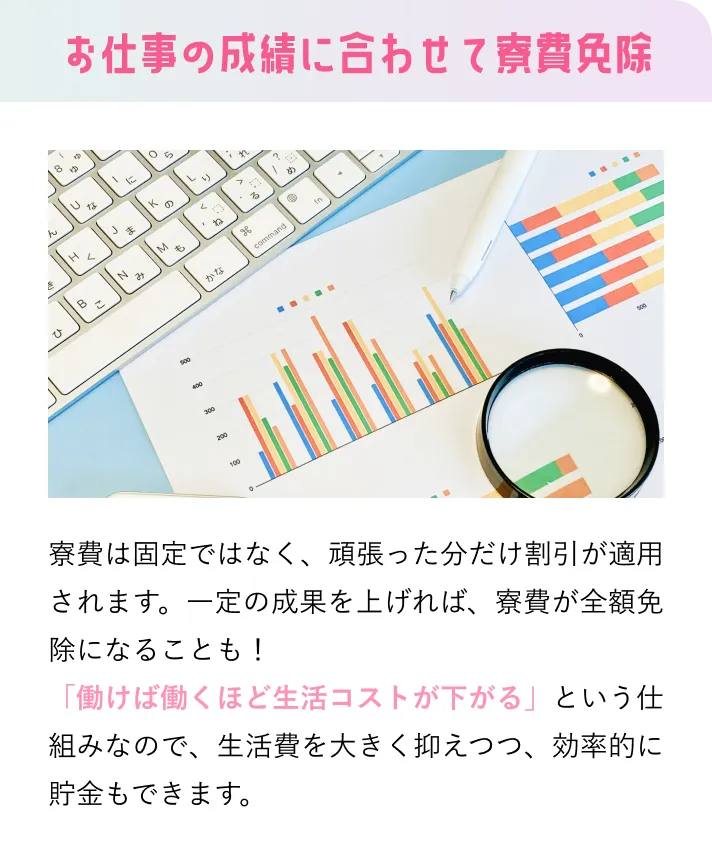 お仕事の成績に合わせて寮費免除 寮費は固定ではなく、頑張った分だけ割引が適用されます。一定の成果を上げれば、寮費が全額免除になることも!