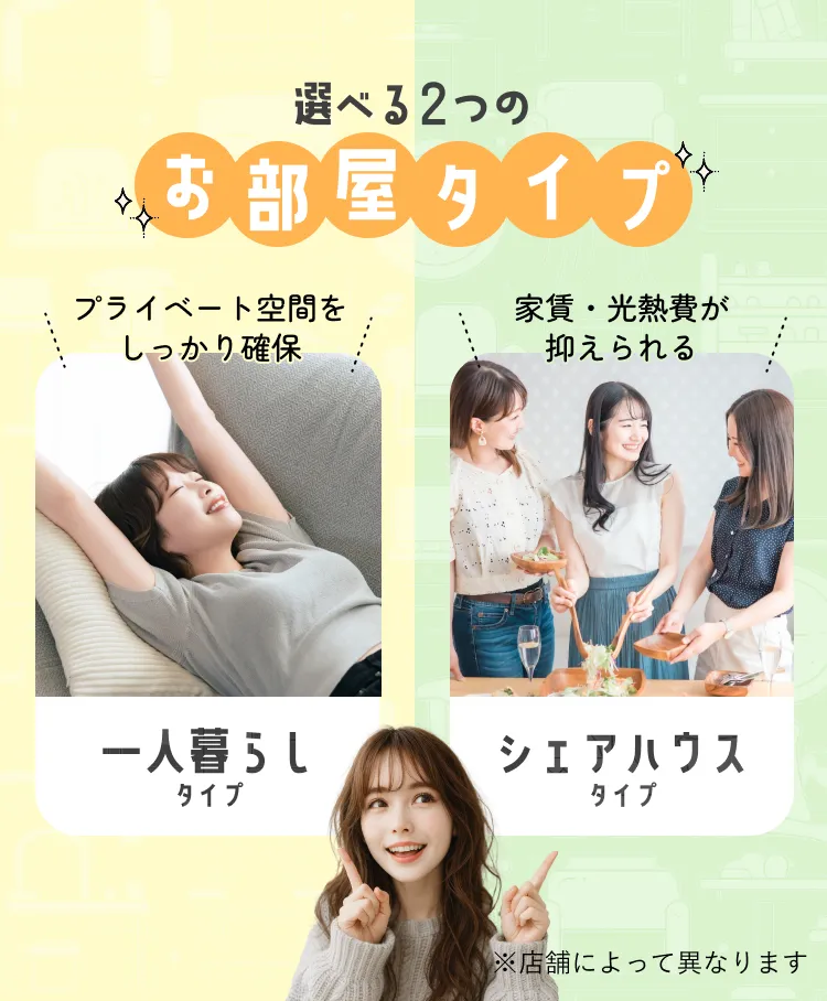 選べる2つのお部屋タイプ プライベート空間をしっかり確保できる一人暮らしタイプと家賃・光熱費が抑えられるシェアハウスタイプ