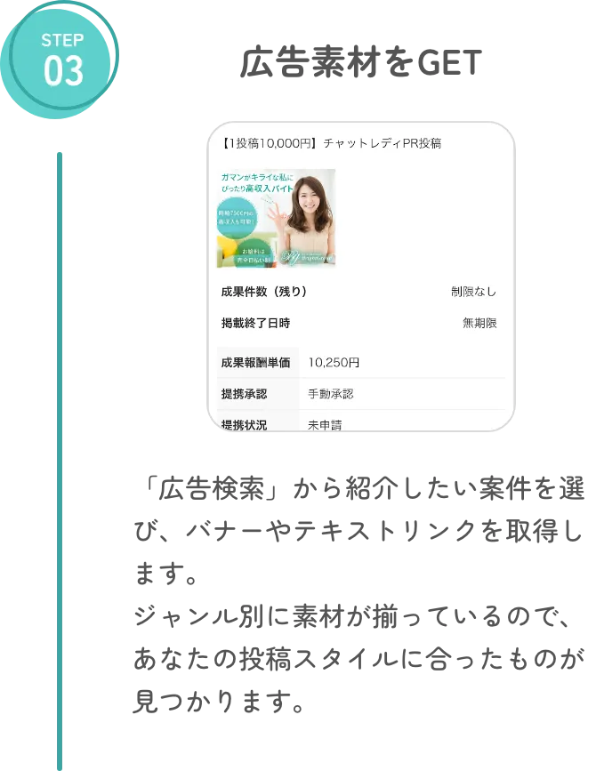 step3 広告素材をGET 「広告検索」から紹介したい案件を選び、バナーやテキストリンクを取得します。ジャンル別に素材が揃っているので、あなたの投稿スタイルに合ったものが見つかります。