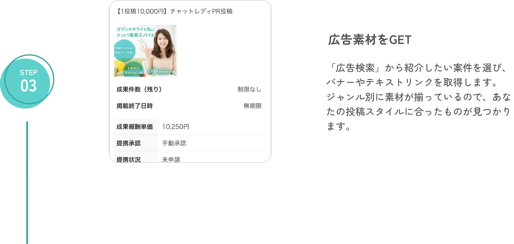 step3 広告素材をGET 「広告検索」から紹介したい案件を選び、バナーやテキストリンクを取得します。ジャンル別に素材が揃っているので、あなたの投稿スタイルに合ったものが見つかります。