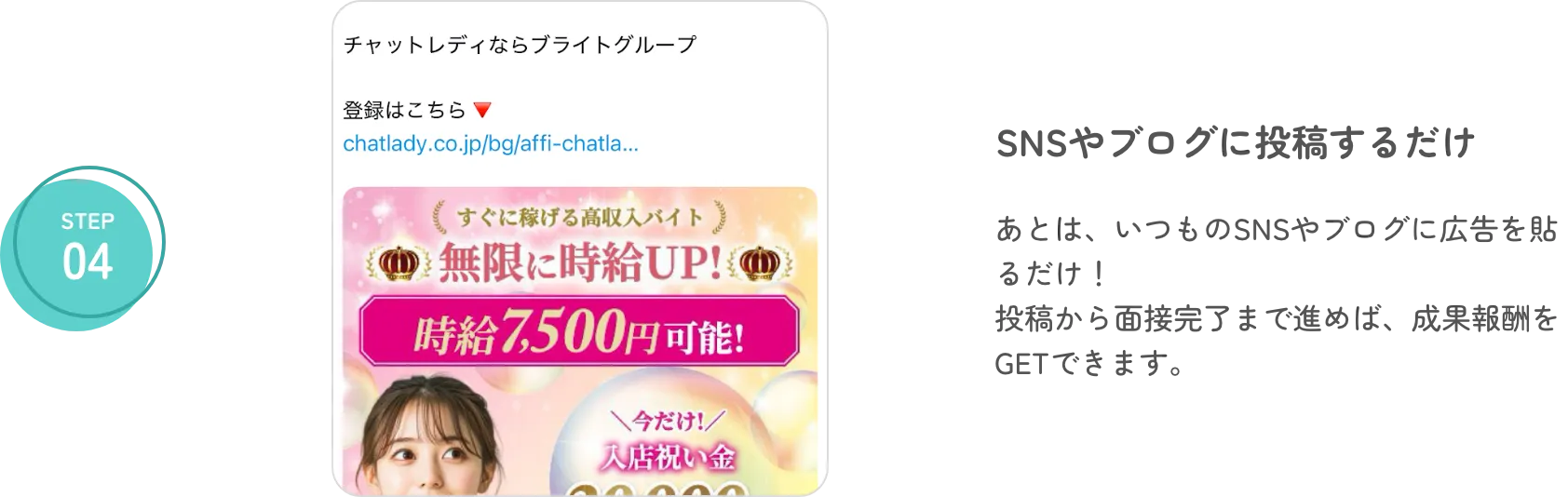 step4 SNSやブログに投稿するだけ あとは、いつものSNSやブログに広告を貼るだけ!投稿から面接完了まで進めば、成果報酬をGETできます。